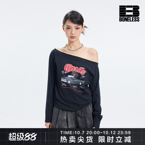 BONELESS美式斜肩敞篷小狗长袖T恤弹力针织宽松慵懒一字肩上衣女