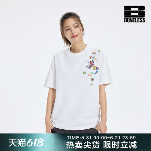 BONELESS趣味贴纸短袖T恤凉感速干宽松圆领夏季短袖设计感体恤男