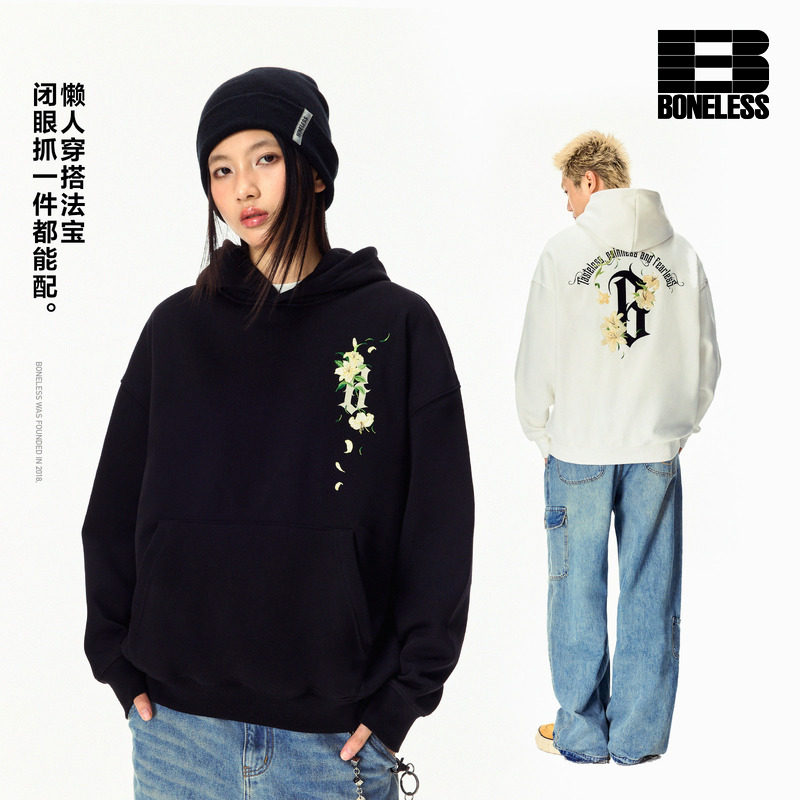BONELESS基础哥特B香水百合印绣连帽卫衣秋季宽松重磅情侣帽衫潮图片