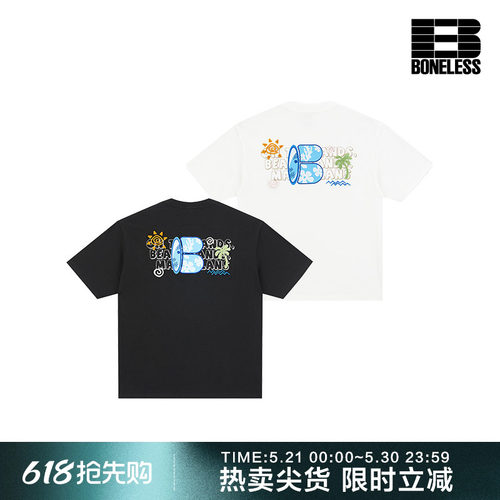 BONELESS夏日海洋冲浪印花绣花短袖夏季纯棉宽松圆领情侣休闲上衣