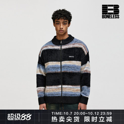 BONELESS仿貂毛拼接彩纱拉链开衫