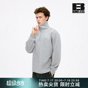 BONELESS发泡擦绒印花半拉链高领套头卫衣保暖防风日常通勤上衣