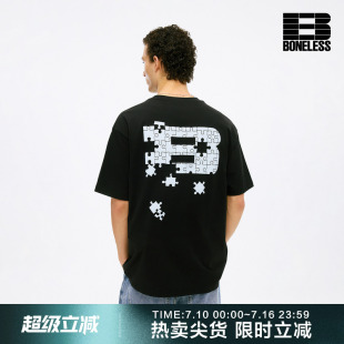 BONELESS后背趣味拼图印花美式体恤短袖重磅纯棉宽松休闲T恤上衣