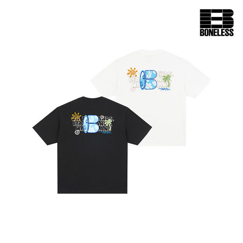 BONELESS夏日海洋冲浪印花绣花短袖夏季纯棉宽松圆领情侣休闲上衣