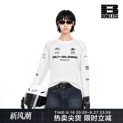 BONELESS速干COOLMAX插肩结构撞色长袖T恤薄胶浆印花宽松赛车上衣