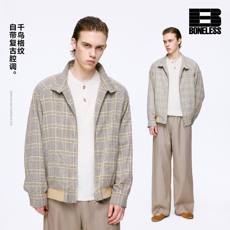 BONELESS千鸟格纹哈灵顿夹克休闲cleanfit短款宽松复古百搭外套图片