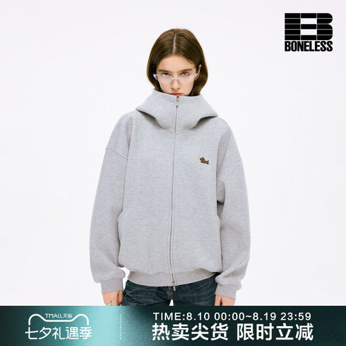 BONELESS奔跑小狗分割宽松卫衣外套廓形复古潮牌开衫连帽立领上衣