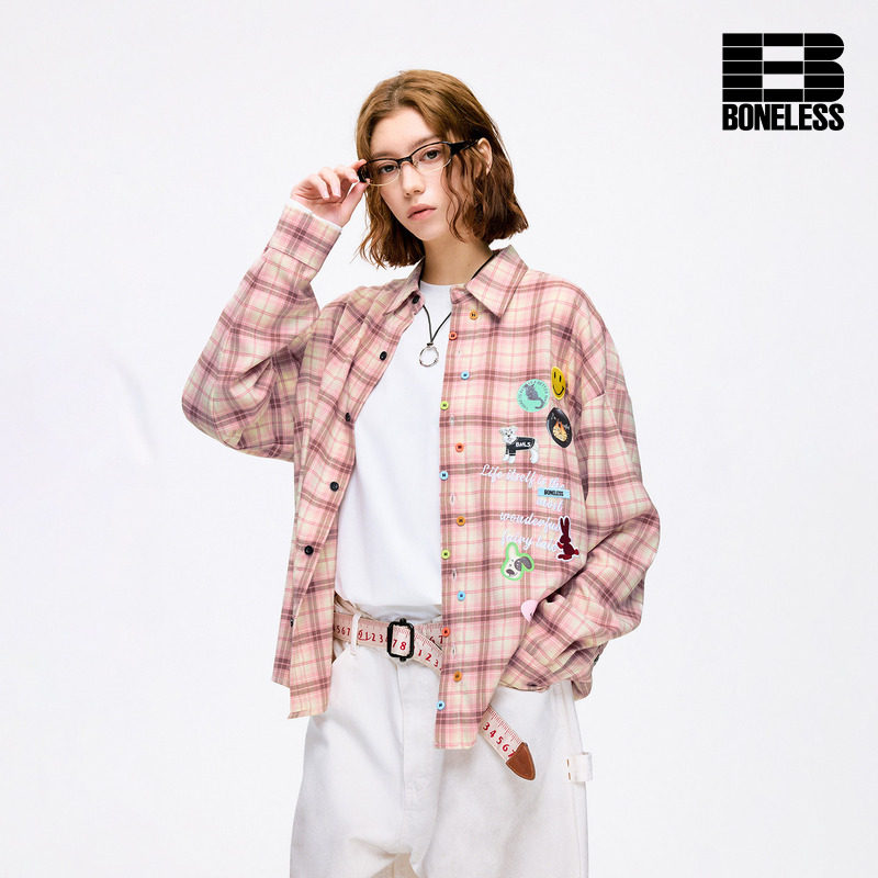 BONELESS趣味动物刺绣印花格子长袖衬衫宽松美式复古休闲衬衣外套图片
