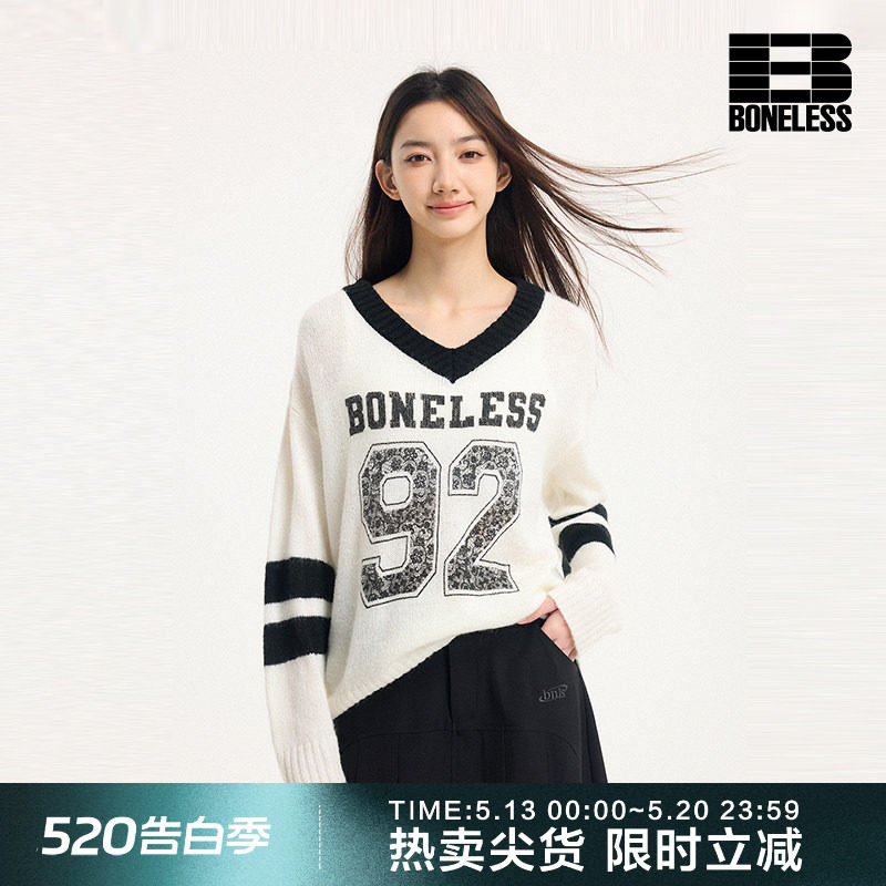 BONELESS宽松V领针织毛衣简约撞色logo百搭长袖慵懒学院