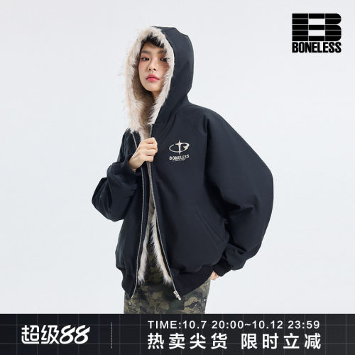 BONELESS复古座山雕连帽夹棉外套立体刺绣冬季保暖宽松防泼水夹克