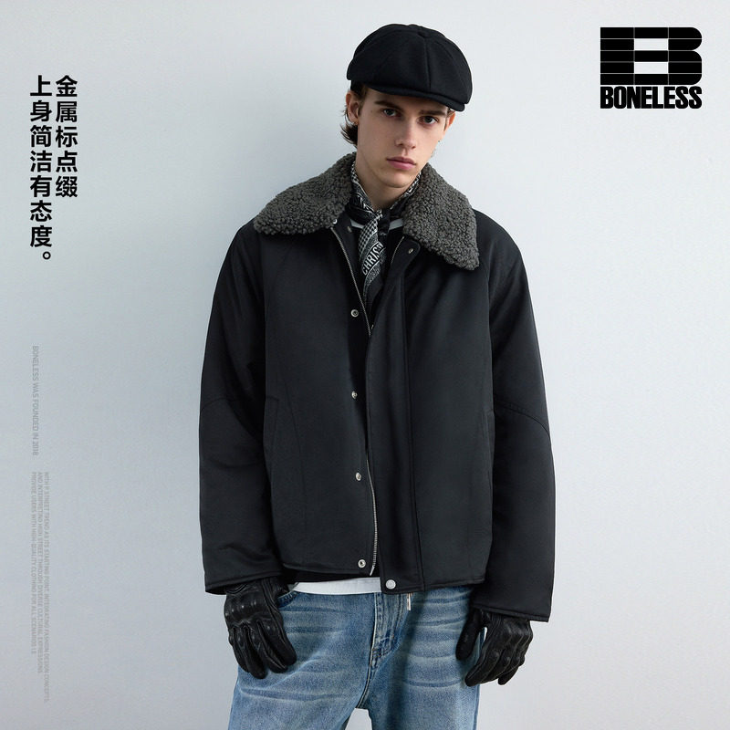 BONELESS打褶短款夹克秋冬黑色抽绳宽松cleanfit可拆毛领外套图片