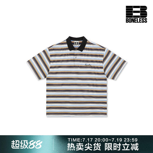 【商场同款】BONELESS刺绣LOGO条纹短袖亲肤透气休闲扣领POLO衫