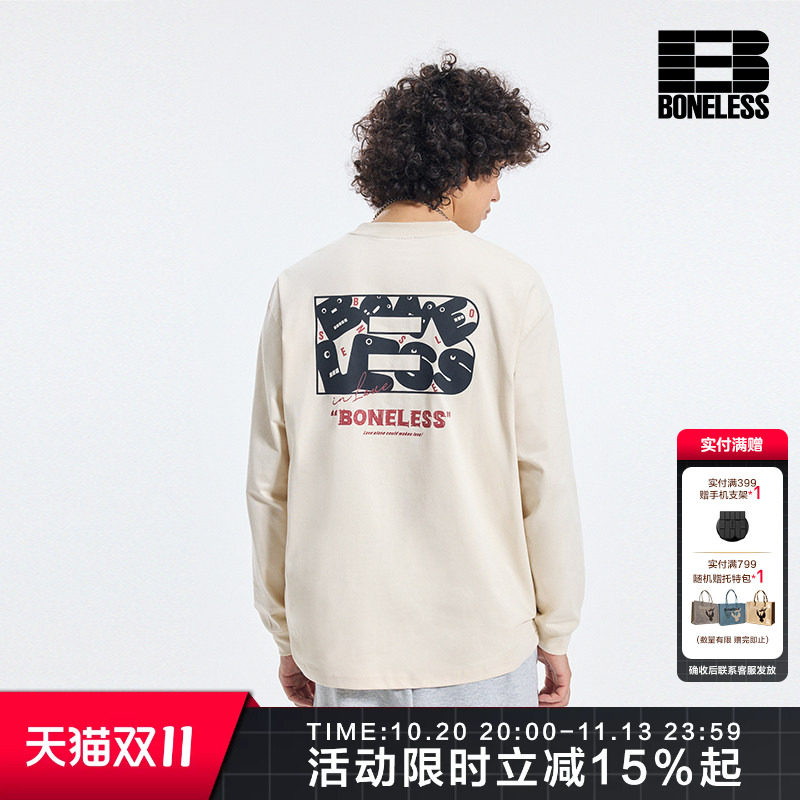 BONELESS趣味字母印花长袖T恤秋季新款宽松索罗娜情侣上衣打底衫