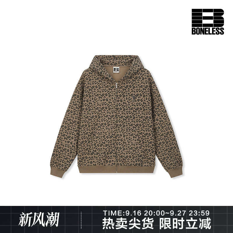 BONELESS豹纹宽松连帽开衫卫衣金属标美式潮流街头休闲复古外套图片
