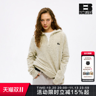 BONELESS奔跑小狗刺绣章仔仿兔毛条纹长袖针织衫复古运动情侣上衣