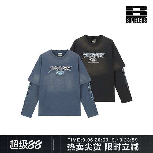 【商场同款】BONELESS弹幕LOGO排版假两件长袖T恤