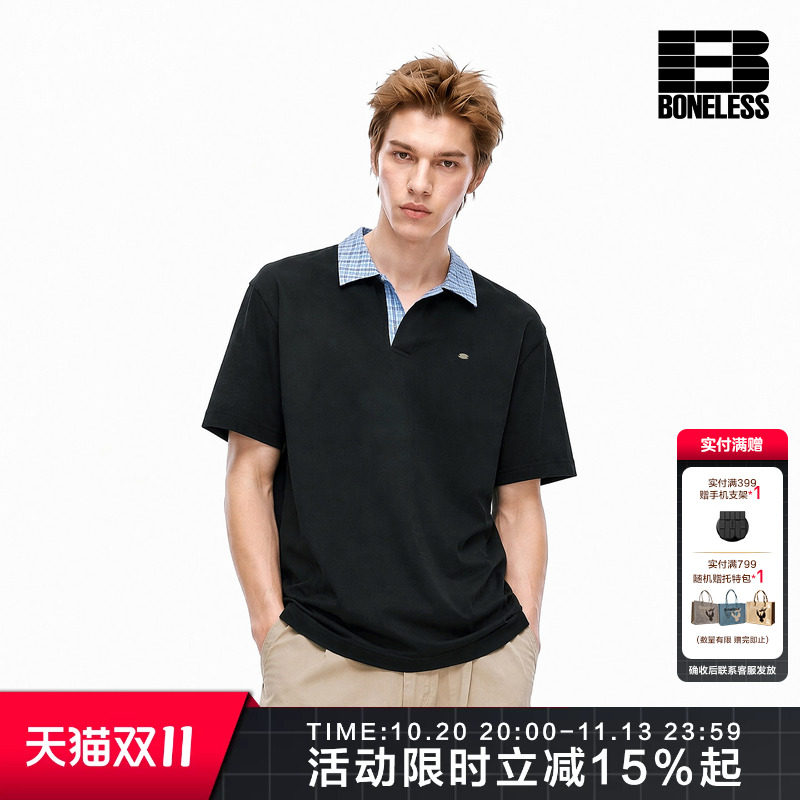 BONELESS格纹拼接短袖POLO衫前幅金属LOGO标复古街头潮牌休闲上衣