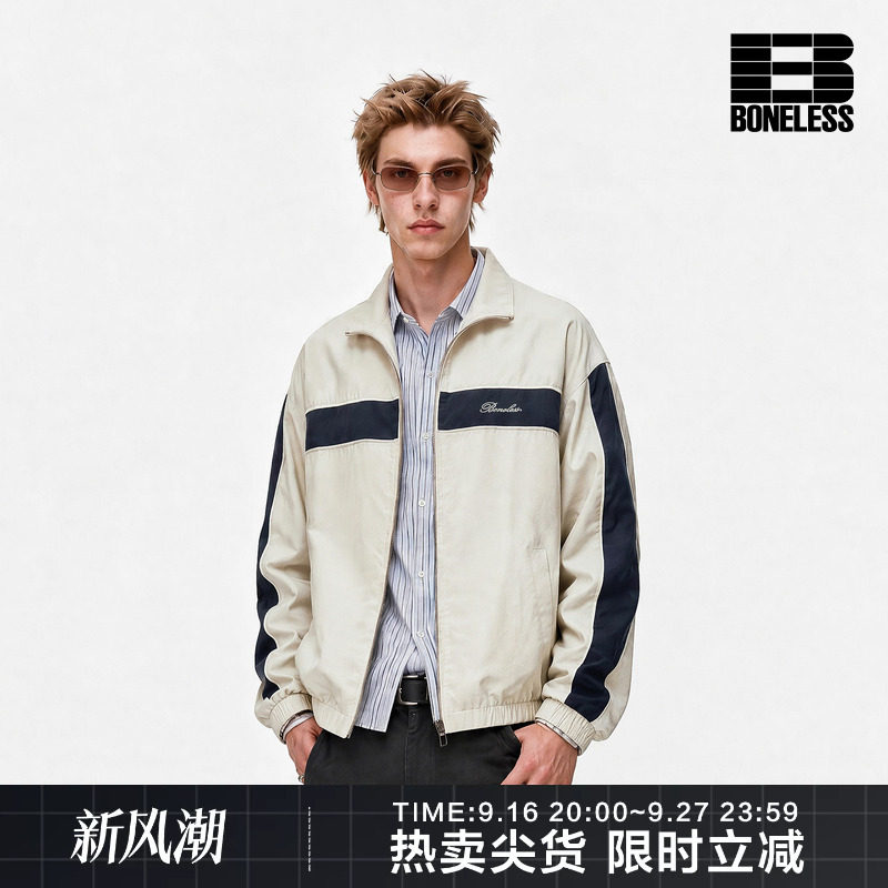 BONELESS撞色拼接立领夹克复古阿普瑞风宽松休闲刺绣logo运动外套图片