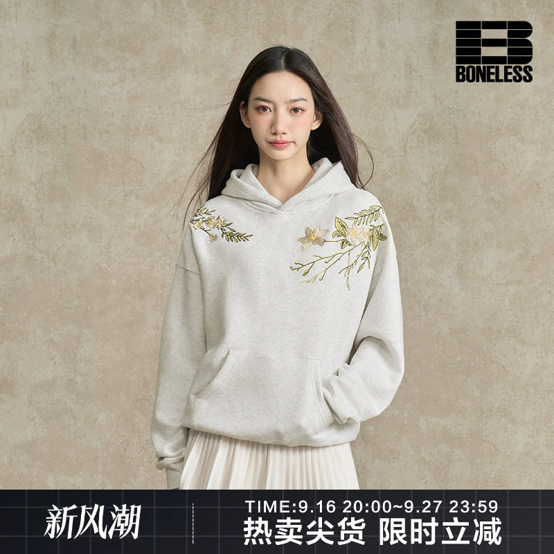 BONELESS花卉刺绣连帽卫衣图片