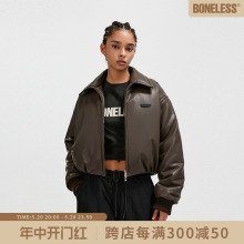 BONELESS短款翻领pu皮衣棉服冬季美式外套加厚肯豆风飞行员夹克女