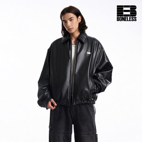 BONELESS网格B字海绵刺绣pu皮夹克秋冬短款棉服外套