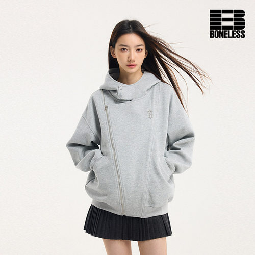 BONELESS秋季新款机车连帽拉链开衫卫衣铁标logo宽松潮牌外套