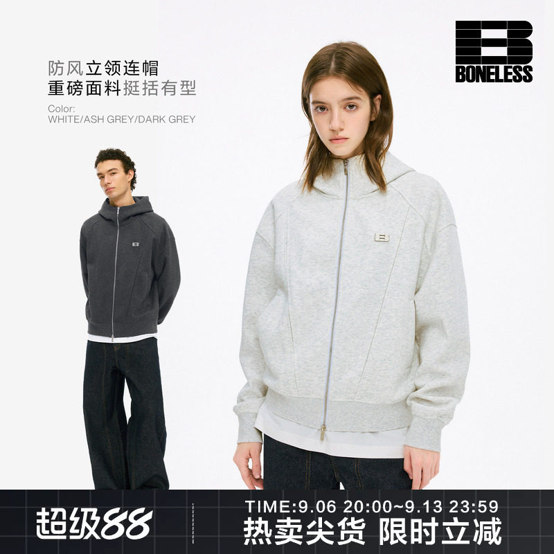 BONELESS解构分割拉链开衫连帽卫衣外套LOGO金属标宽松帽衫上衣图片