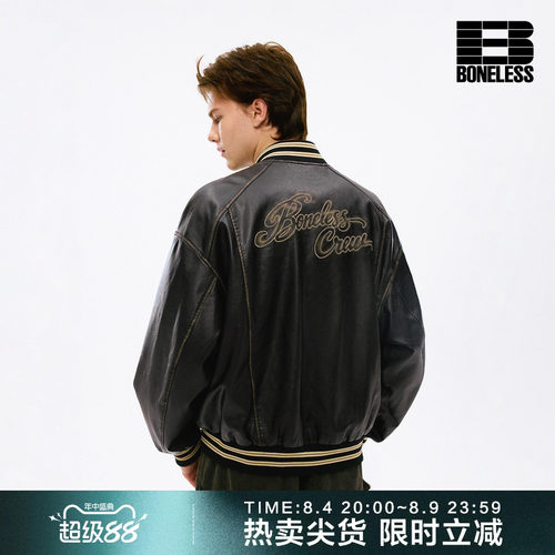 BONELESS洗水皮擦色刺绣棒球服美式复古街头时尚高级感开衫外套