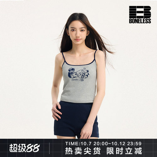 BONELESS猫咪印花休闲吊带可爱修身针织夏季新款辣妹背心百搭上衣