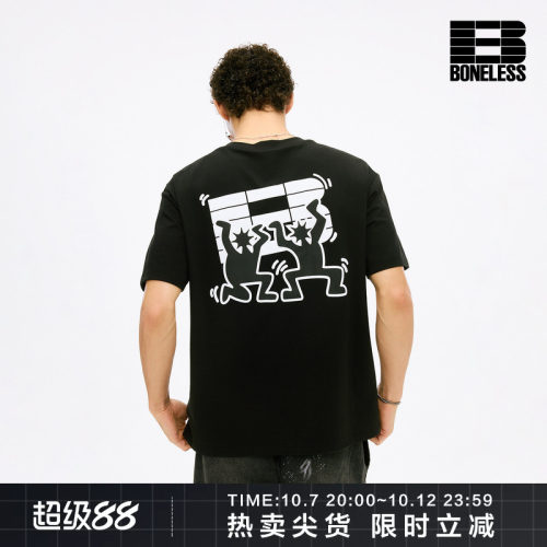BONELESS趣味绒面印花显瘦短袖T恤挺括日常通勤休闲圆领体恤上衣