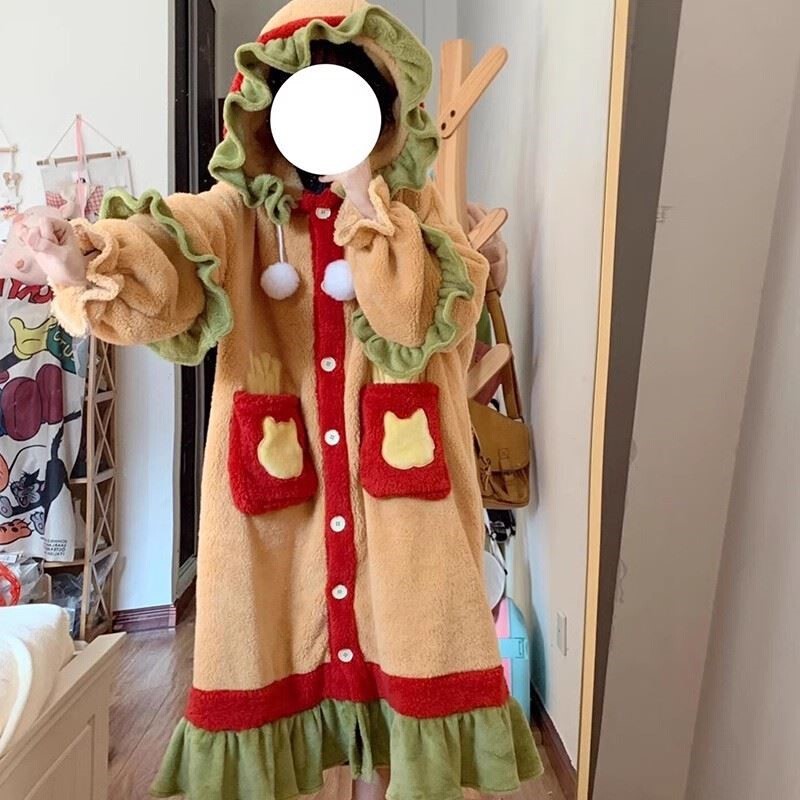 汉堡睡衣吃堡堡加厚大码睡袍珊瑚绒保暖可爱包衣闺蜜装睡裙冬季
