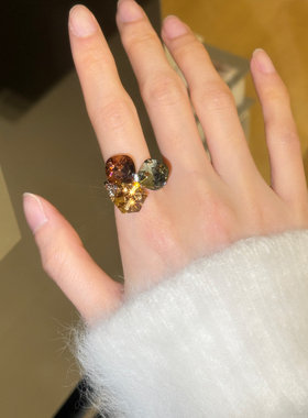 铜合金合成锆石戒指精致简约镂空波浪纹开口设计师戒指ins