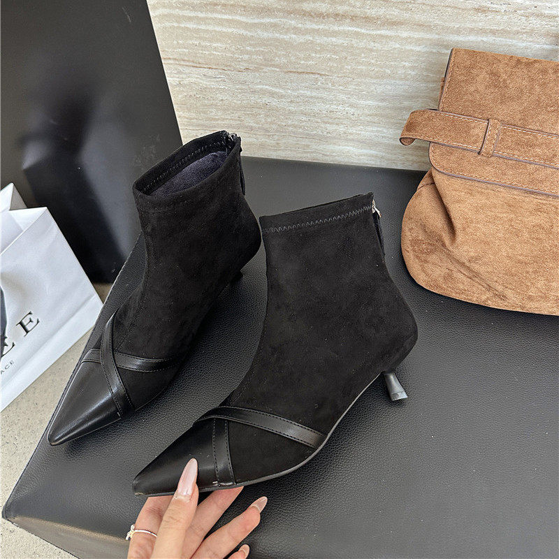 3CM低跟尖头细跟短靴女高跟鞋加绒软皮小跟靴女拼接马丁靴瘦瘦靴,女鞋,时装靴,淘宝优惠券,粉丝福利购,淘宝优惠卷