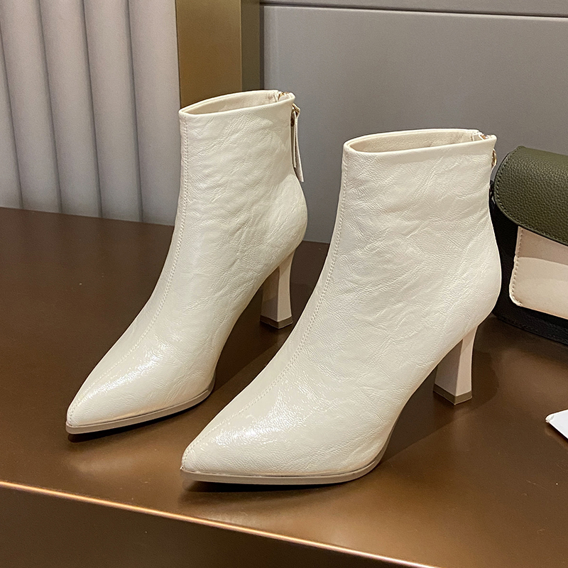 软皮中跟女靴裸靴加绒