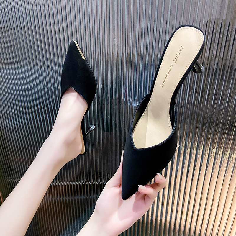 2025春夏季包头尖头半拖鞋细跟懒人高跟鞋中跟水钻外穿凉拖凉鞋女