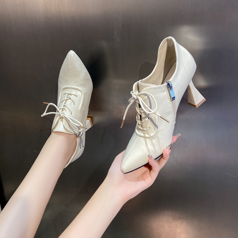 2024年秋季新款系带深口高跟鞋单靴软皮尖头及踝靴女细跟单鞋女靴