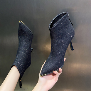韩版时尚尖头细跟亮片名媛风短靴女秋冬季高级感瘦瘦靴时装靴女靴