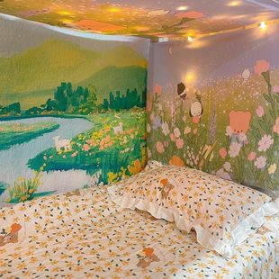 春天美妙花丛田野油画背景布宿舍墙面装 饰清新舒适挂布卧室改造布