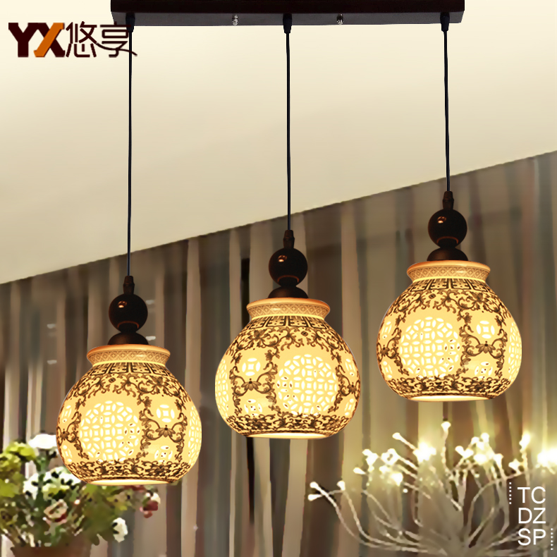 现代中式餐厅吊灯陶瓷灯三头饭厅吧台灯饰旋转式吊灯X具青花五彩