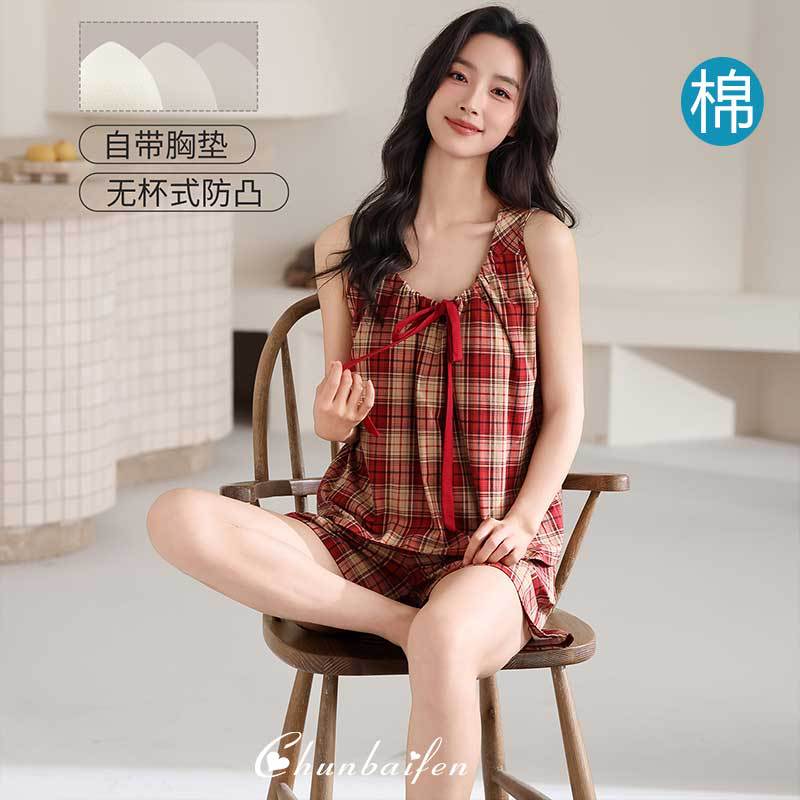 甜美女生带胸垫睡衣女款夏季纯棉无袖背心短裤家居服红色时尚格子