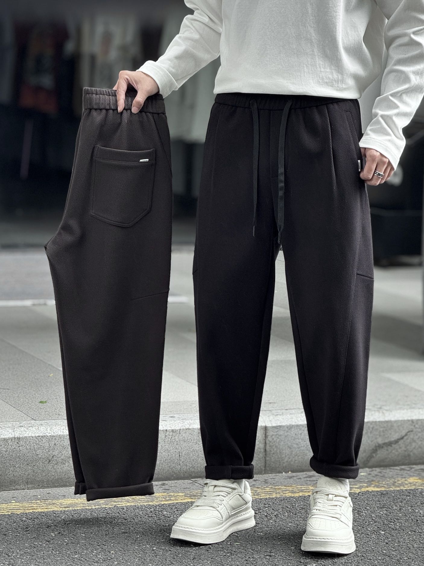 互道冬季男高端简约百搭磨毛休闲裤韩版宽松保暖小直筒哈伦休闲裤