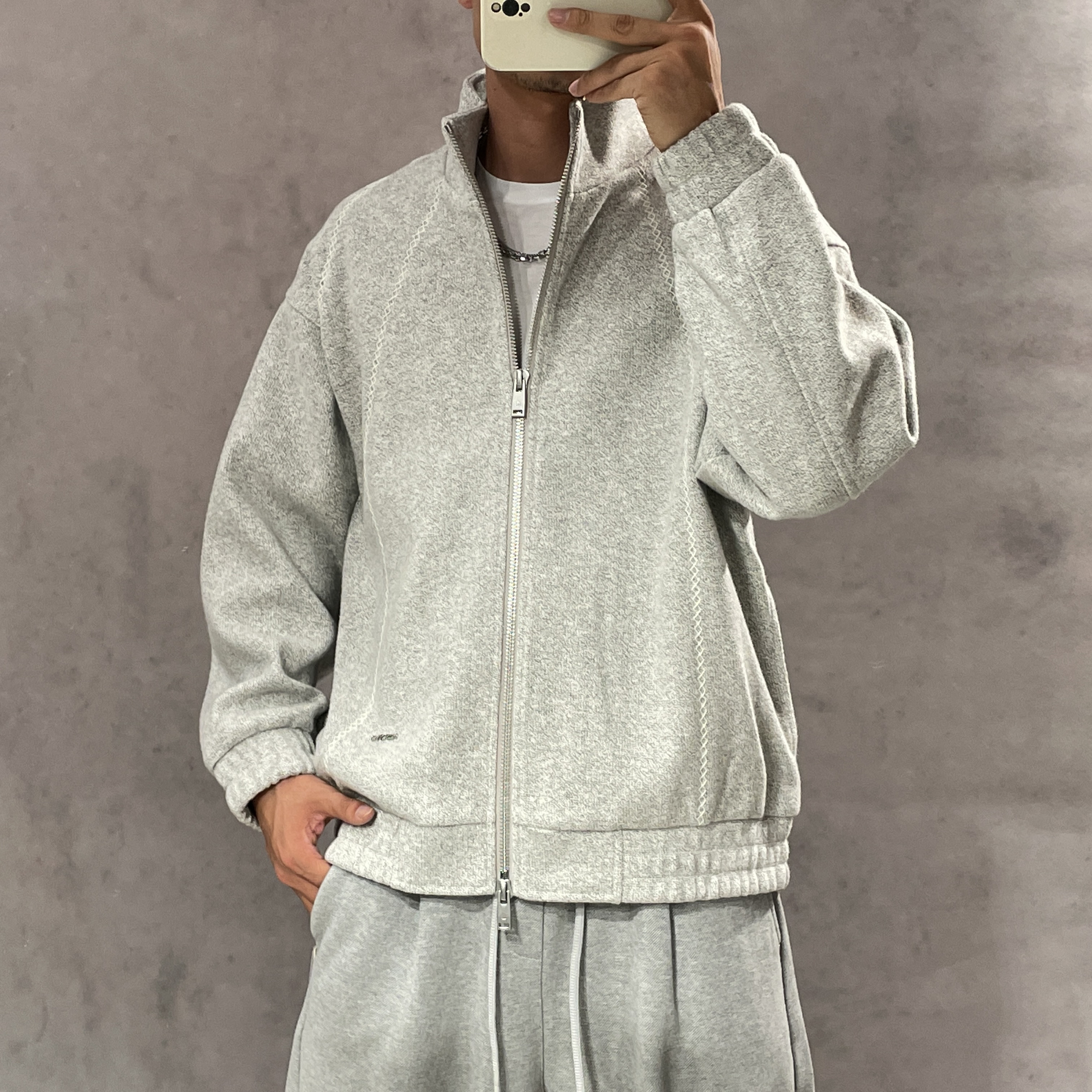 BY3秋季男高级感拼接立领拉链夹克美式复古慵懒风宽松羊毛外套潮