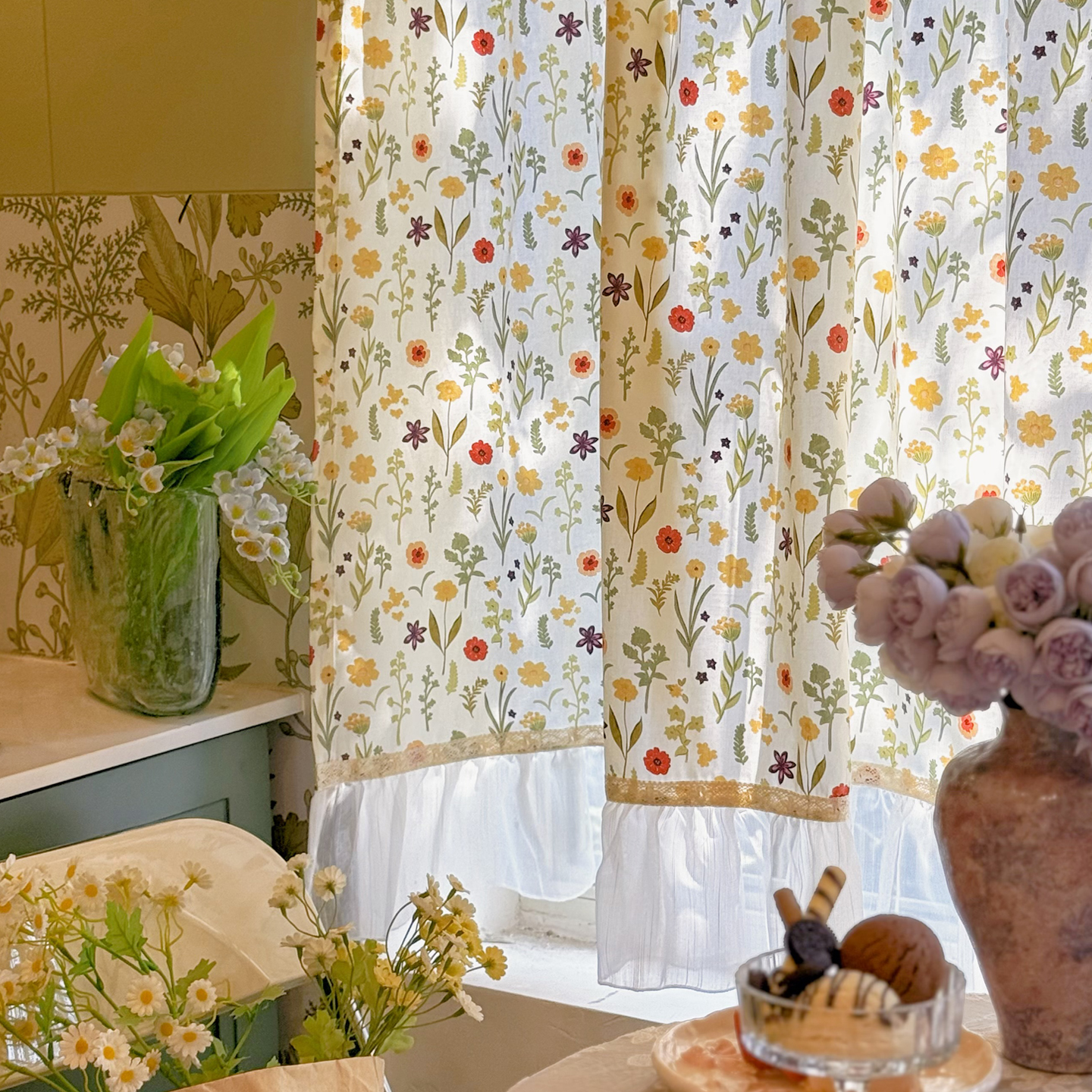 美式复古田园风布拼纱拼接窗帘卧室飘窗碎花棉布半截窗帘厨房隔断