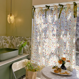 美式田园小碎花印花系带款门帘透光不透人棉质隔断帘小窗帘遮挡帘