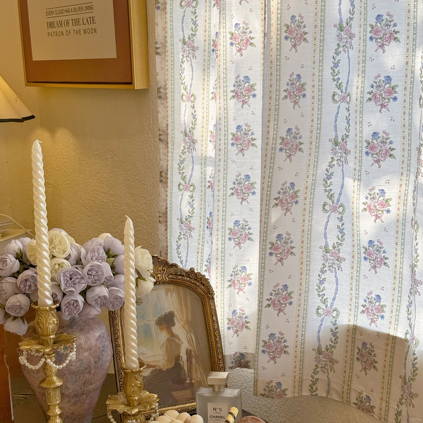 法式印花棉质半遮光小窗帘复古风