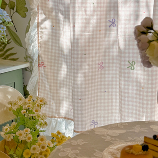 法式韩式甜美公主风粉格子窗帘女孩房卧室蝴蝶结印花飘窗半帘隔断