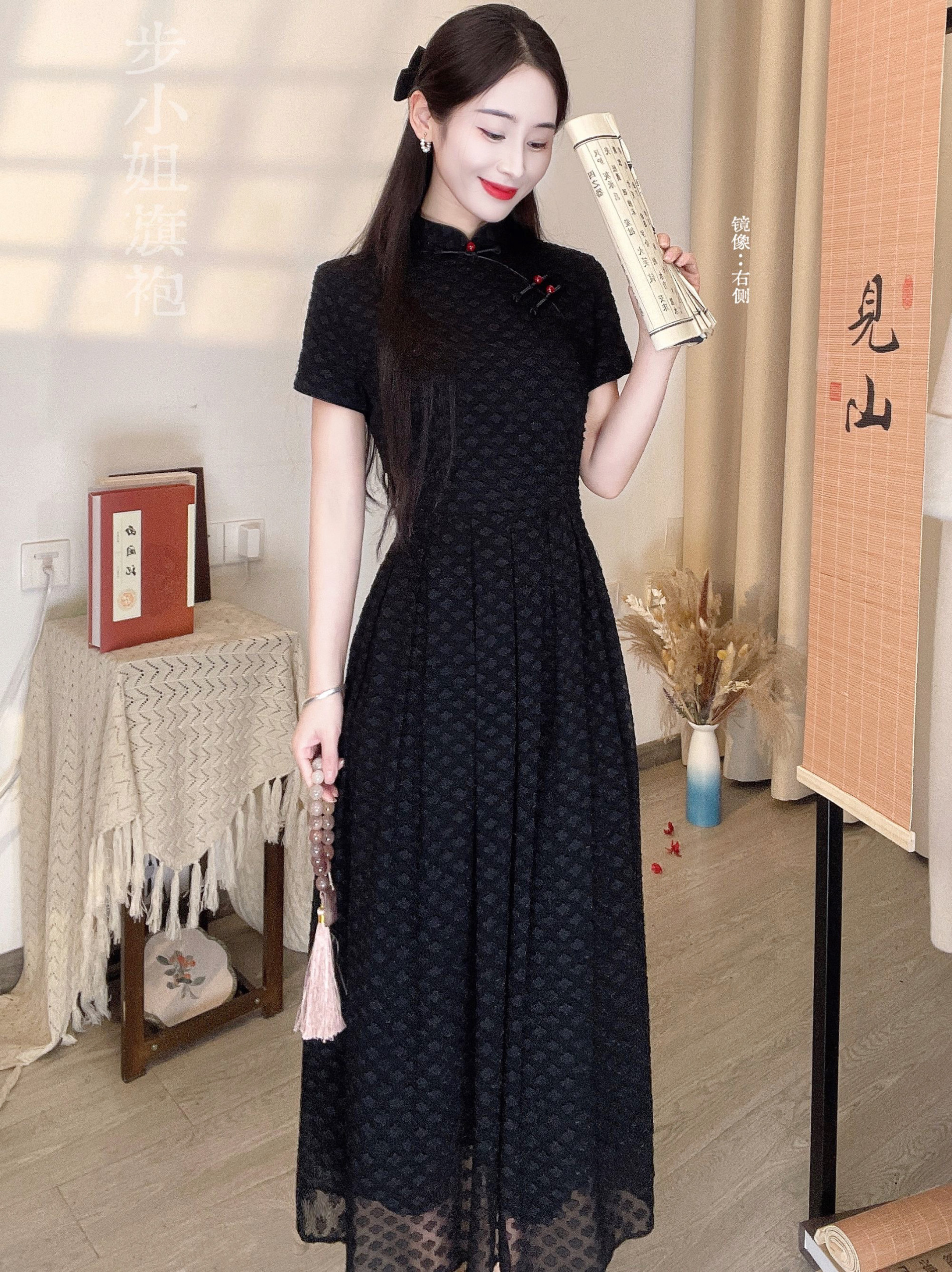 （步小姐-墨文）新品黑色夏季减龄日常显瘦不开叉旗袍复古