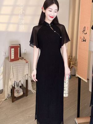 步小姐复古黑色显瘦开衩旗袍