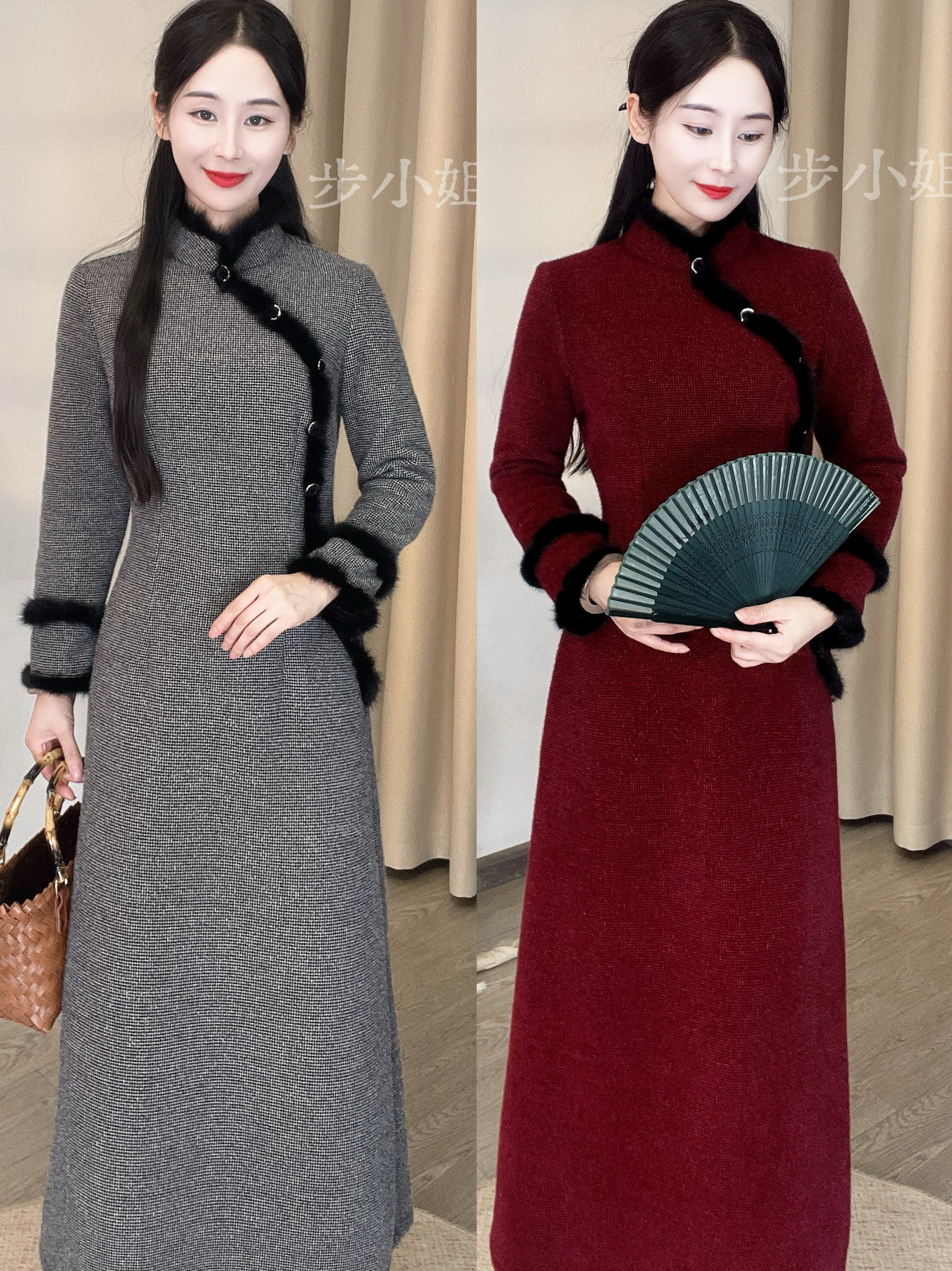 （步小姐-墨香）秋冬新款加厚复古端庄大气长款A版旗袍裙