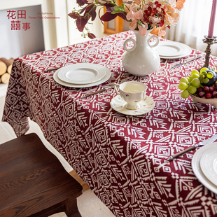 法式复古花田喜事桌布轻奢红色喜庆结婚棉纱混纺新年长圆桌茶几布